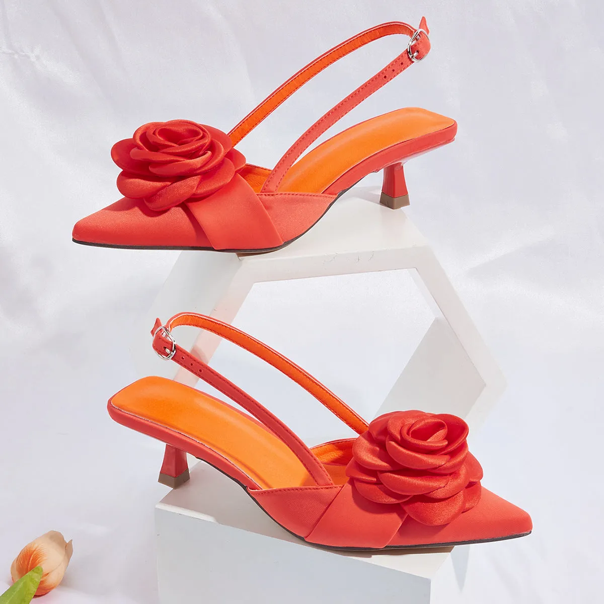 3D Flower Pointed Buckle Kitten Heels