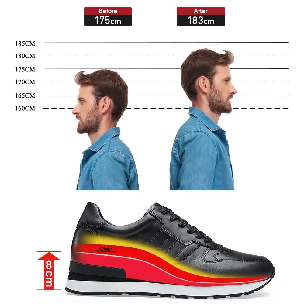 8CM /3.15 Inches - CMR CHAMARIPA Elevator Shoes Height Increasing Shoes For Men Black Leather Casual Sneaker Shoes