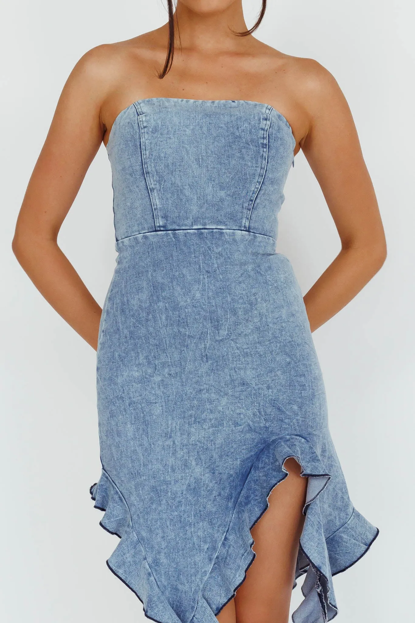 After Party Ruffle Trim Mini Dress Denim Blue