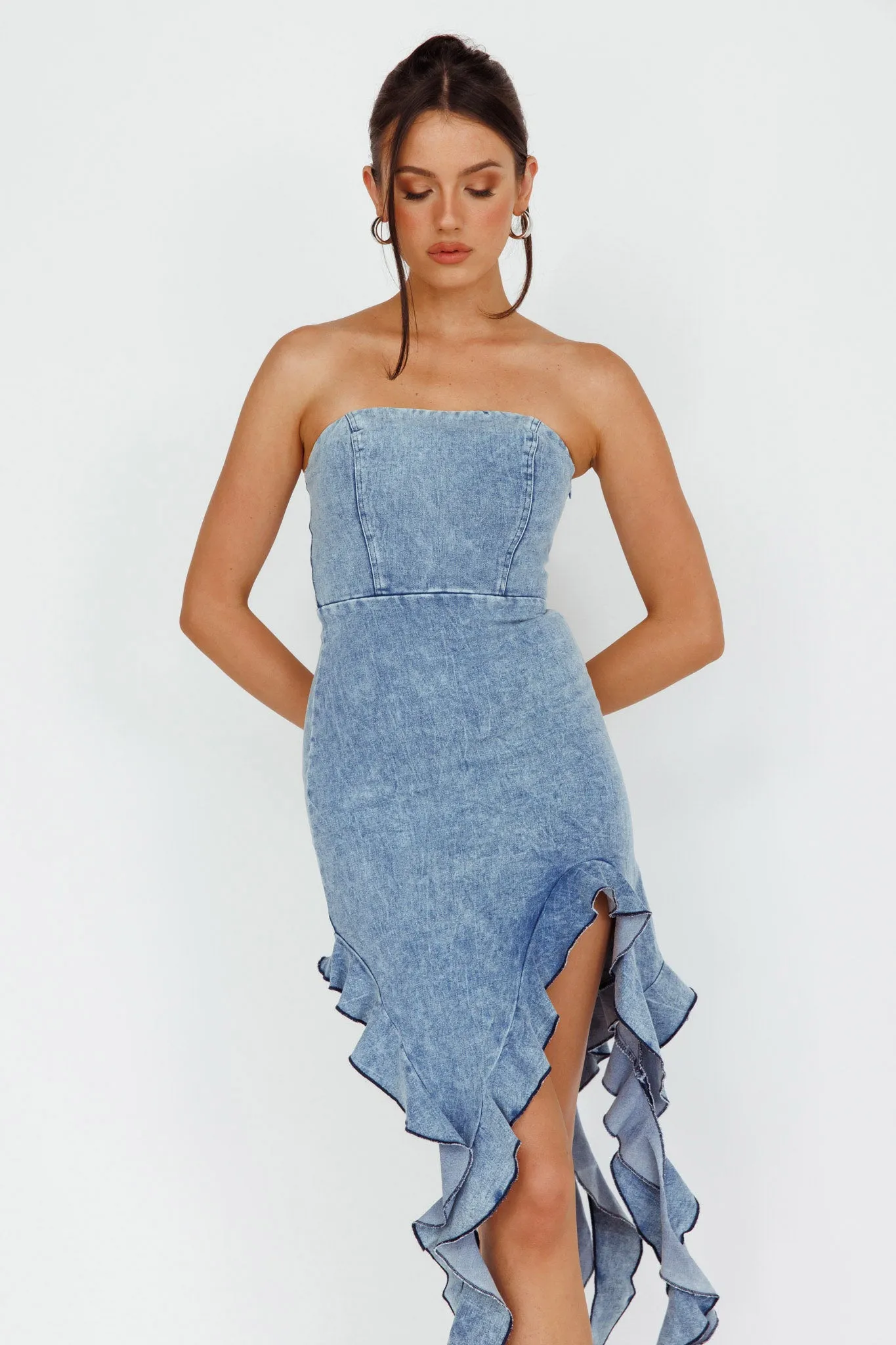 After Party Ruffle Trim Mini Dress Denim Blue