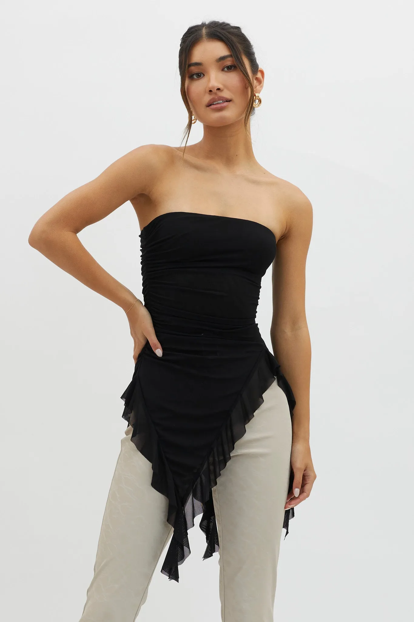 After Party Ruffle Trim Top Black