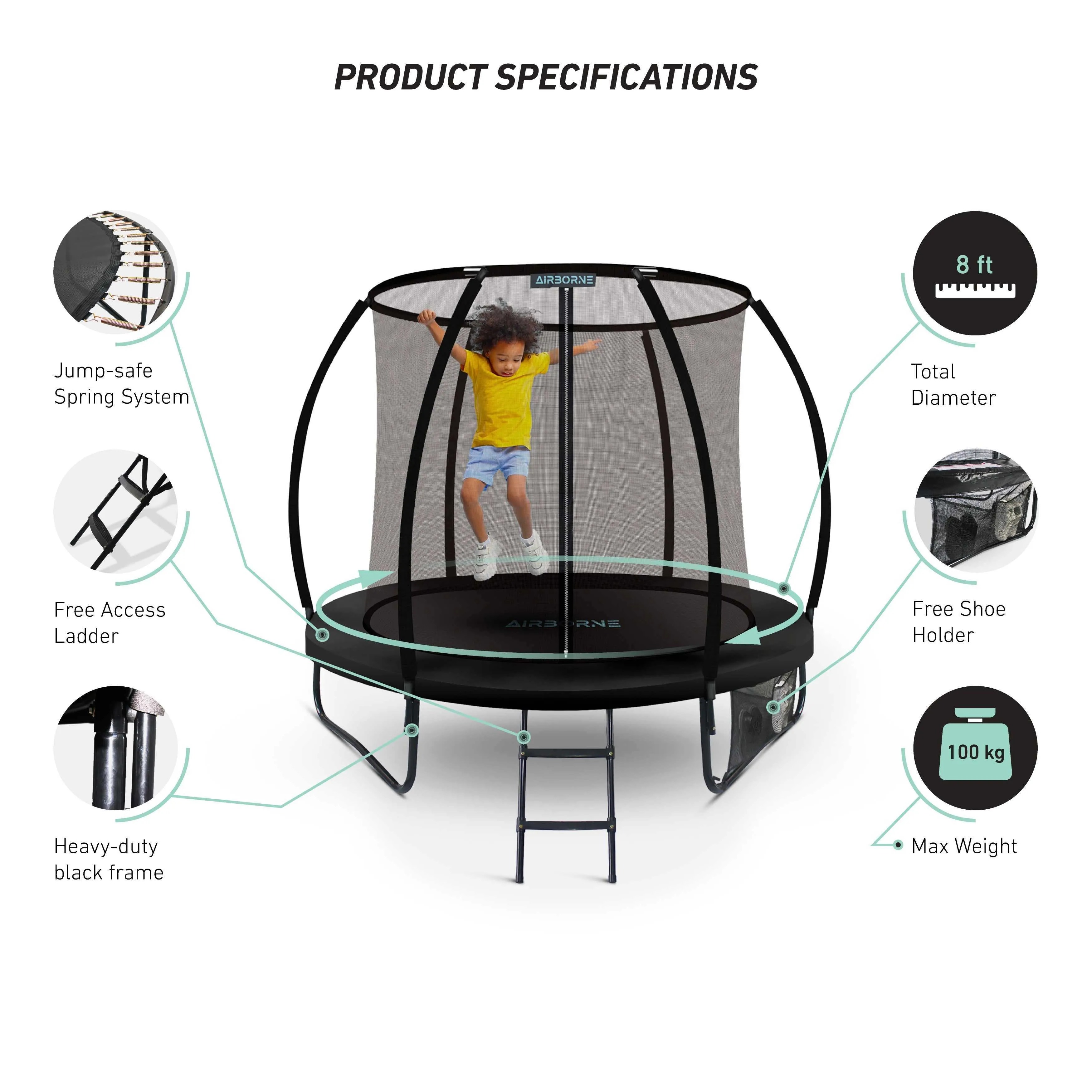 Airborne 8ft Trampoline With Ladder & Shoe Holder