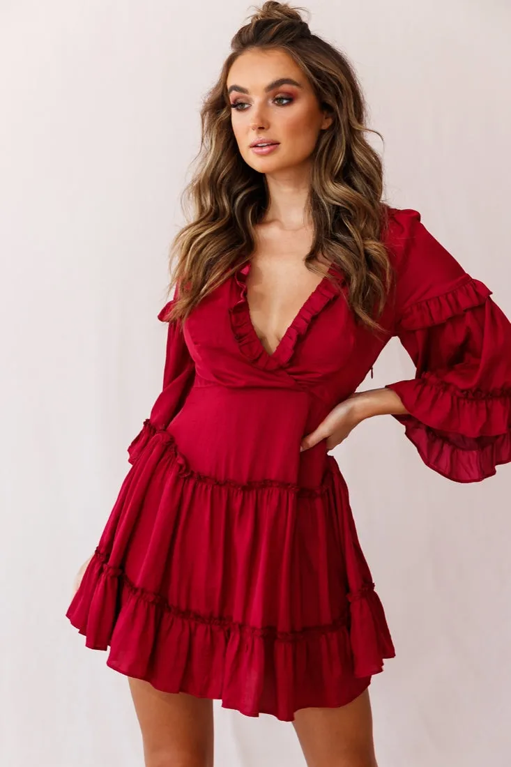 Albany Bell Sleeve Frill Dress Wine