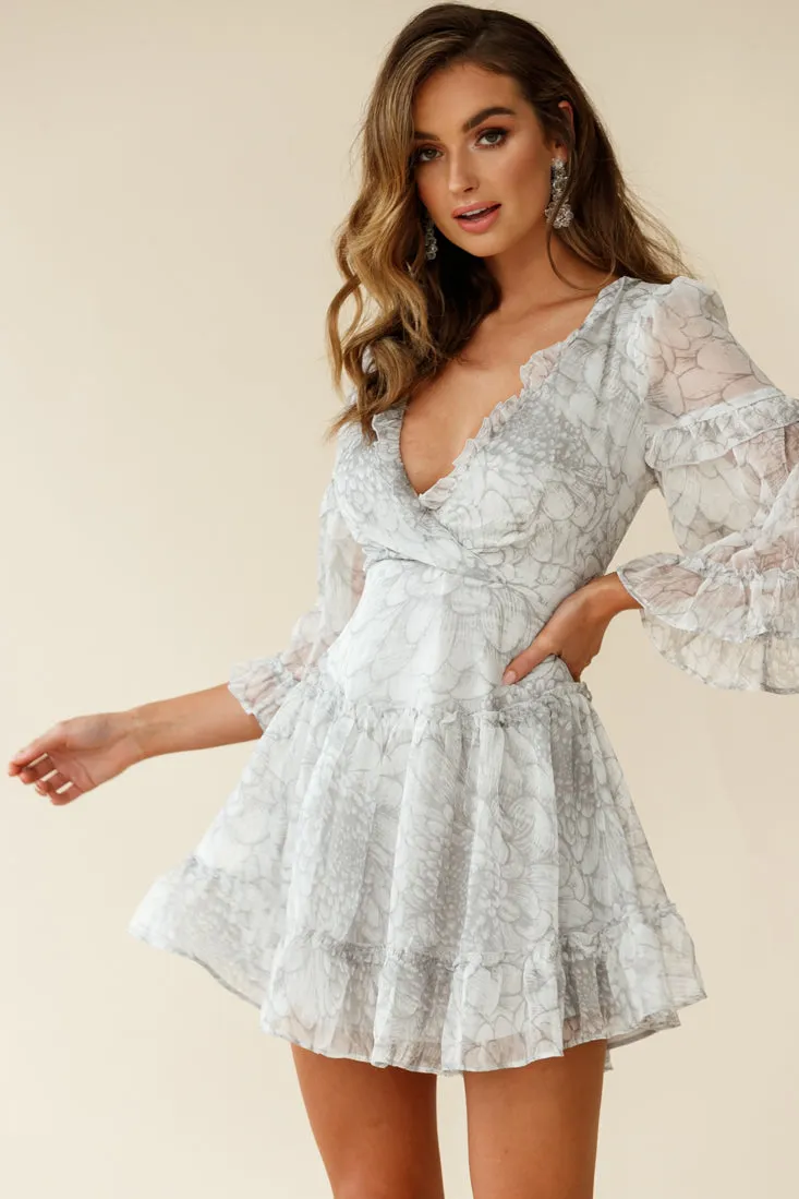 Albany Lace Up Back Frill Dress Chrysanthemum Print Grey