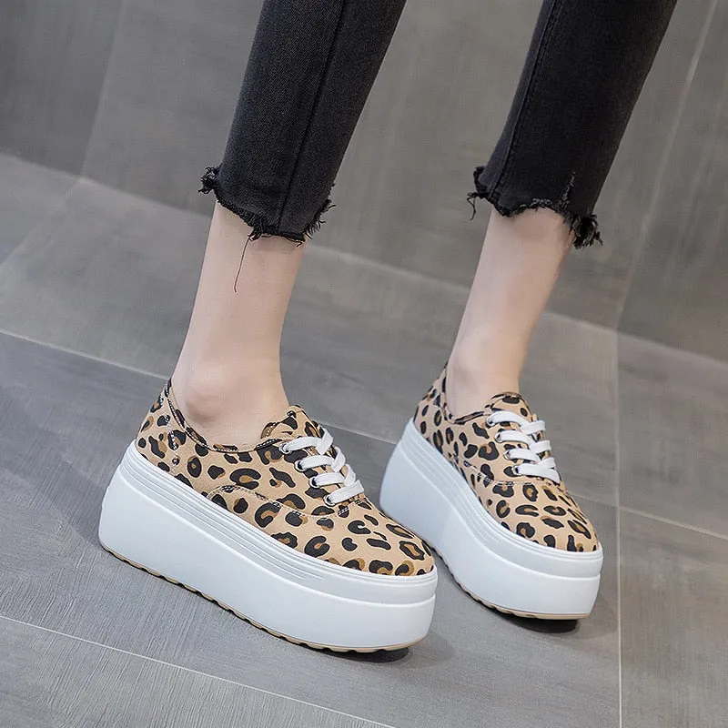 Amozae- Genuine Leather Women Shoes 8Cm Platform Wedge Thick Heel Dad Shoes Chunky Sneakers For Women Spring Autumn Leopard