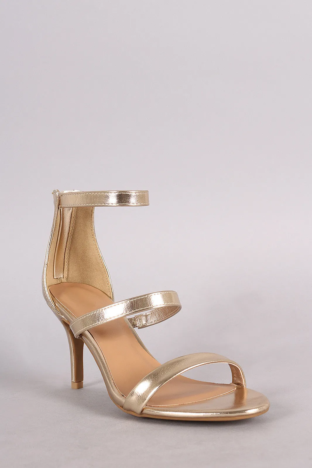 Bamboo Metallic Triple Straps Open Toe Kitten Heel