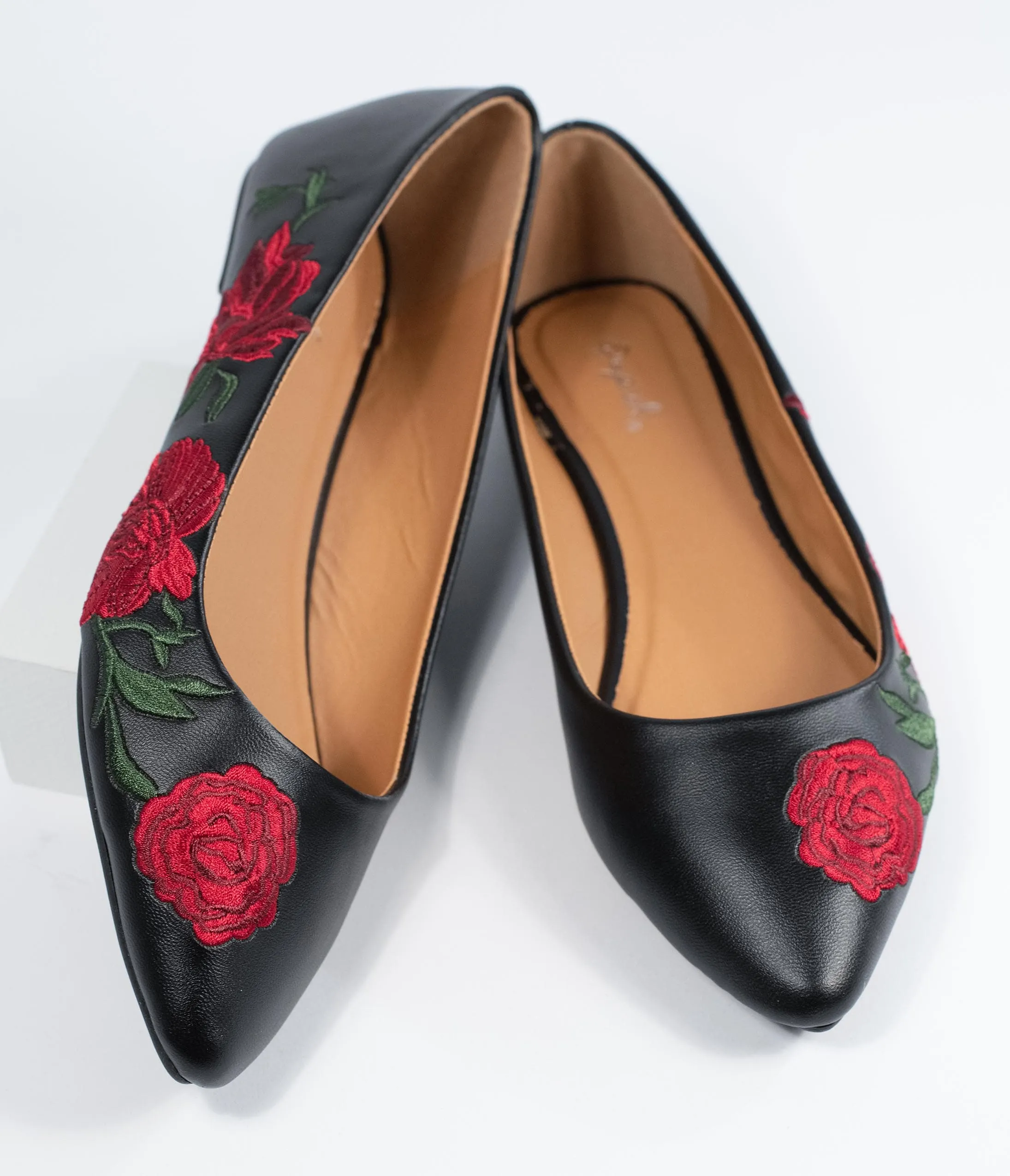 Black & Red Embroidered Florals Leatherette Flats