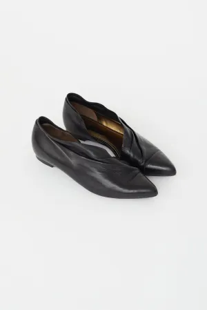 Black Leather Pleated Pointed Toe Flat