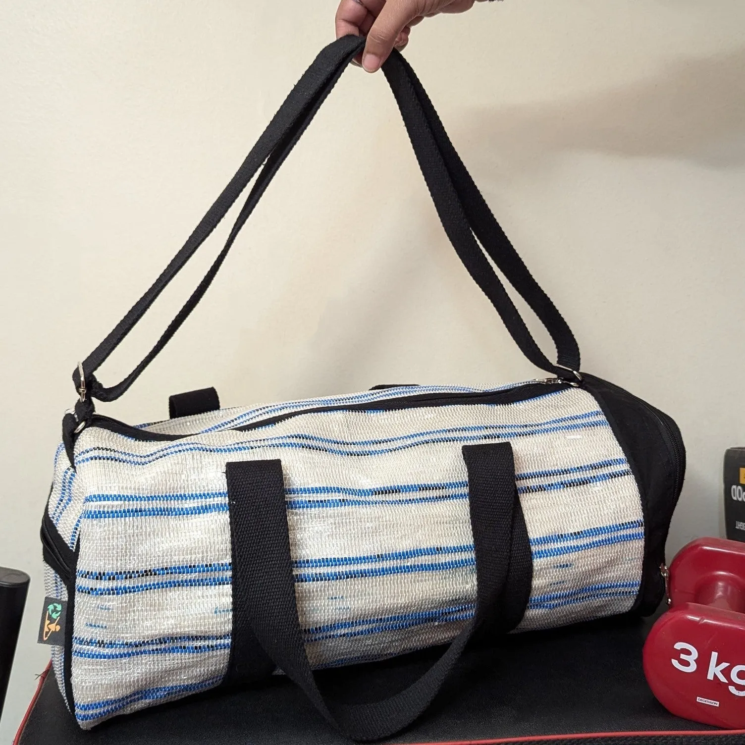 Blue White Striped Upcycled Handwoven Gym Duffle Weekender Bag (GDB1124-013)