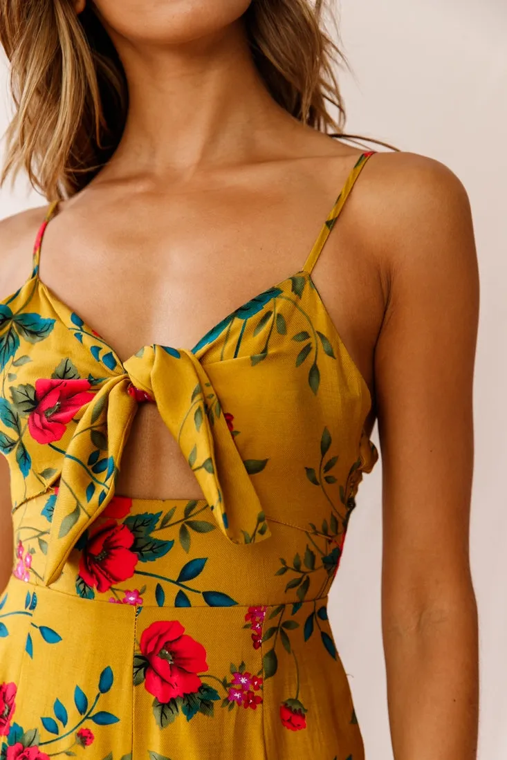 Call Me Wide-Leg Tied Bust Jumpsuit Floral Print Mustard