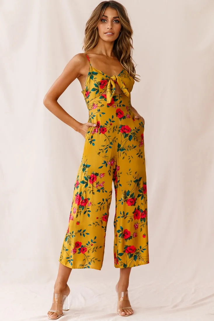 Call Me Wide-Leg Tied Bust Jumpsuit Floral Print Mustard