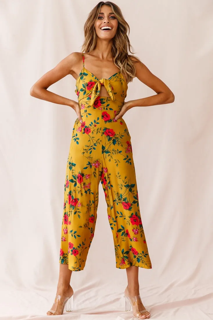 Call Me Wide-Leg Tied Bust Jumpsuit Floral Print Mustard