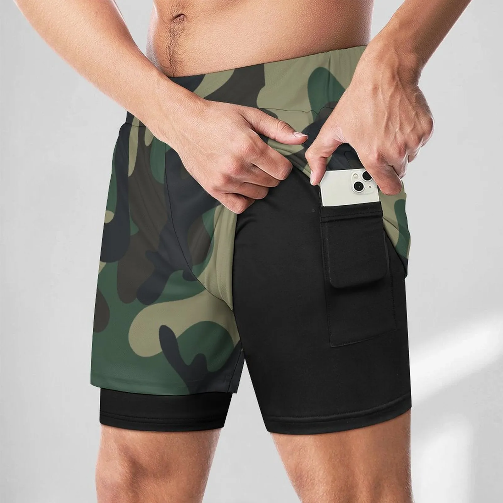 Camouflage Pattern Men Athletic Shorts with 4 Pockets, Casual Men's Light Weight Shorts