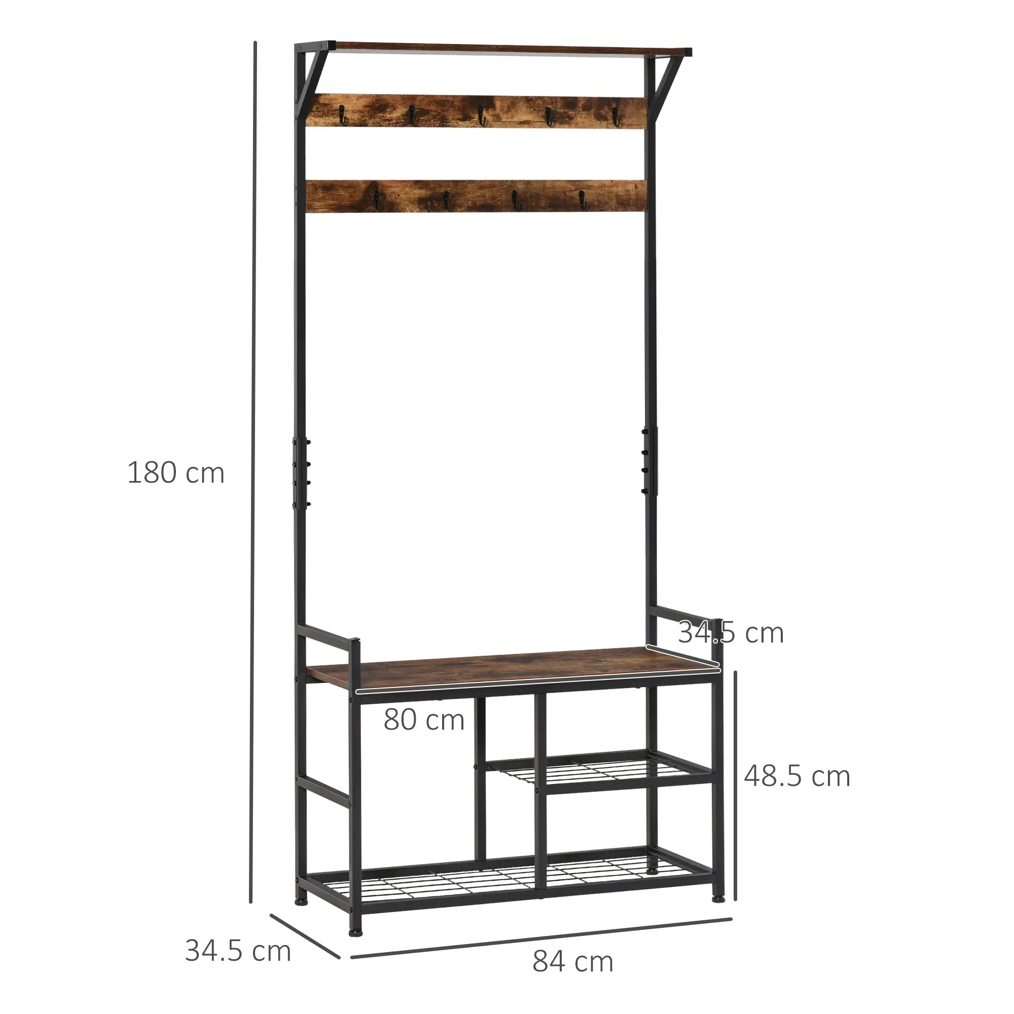 Coat Rack Stand Shoe Storage Bench with 9 Hooks Shelves 180cm