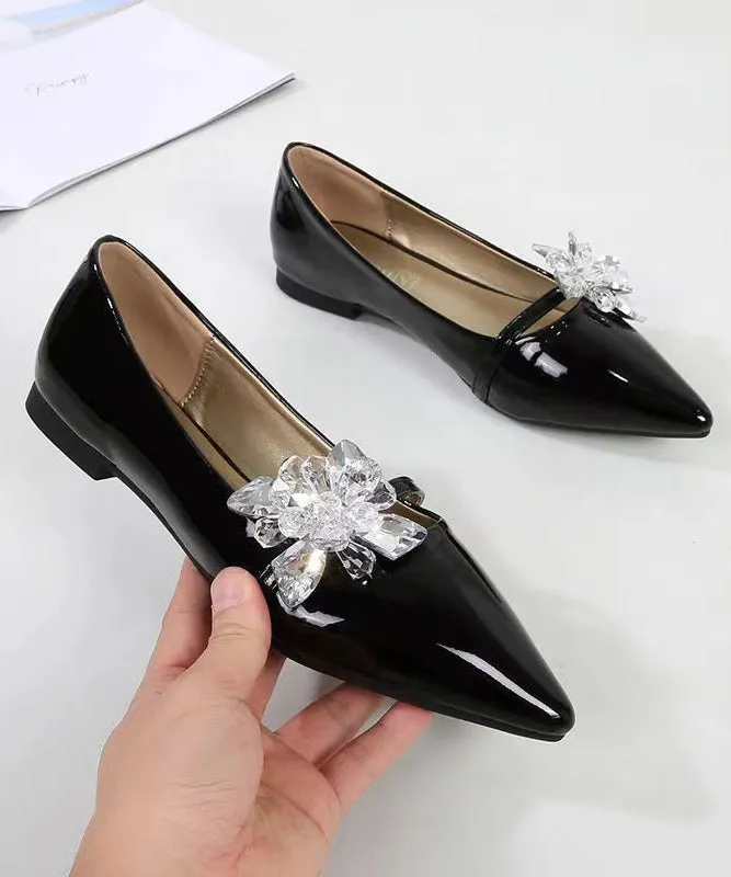 Comfy Black Pointed Toe Zircon Splicing Flat Shoes For Women CZ1021