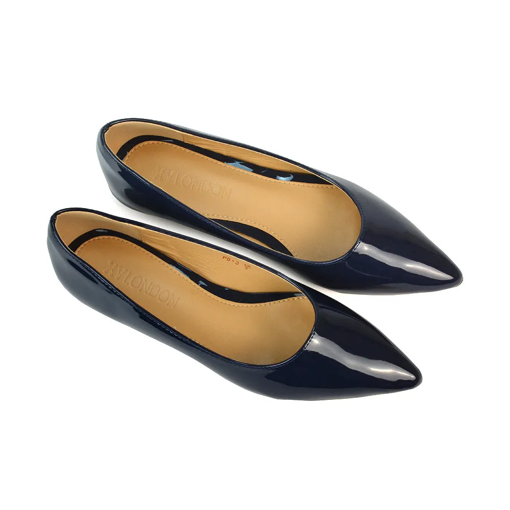 Cordelia Pointed Toe Flat Heel Ballerina Pump Shoes in Navy Patent