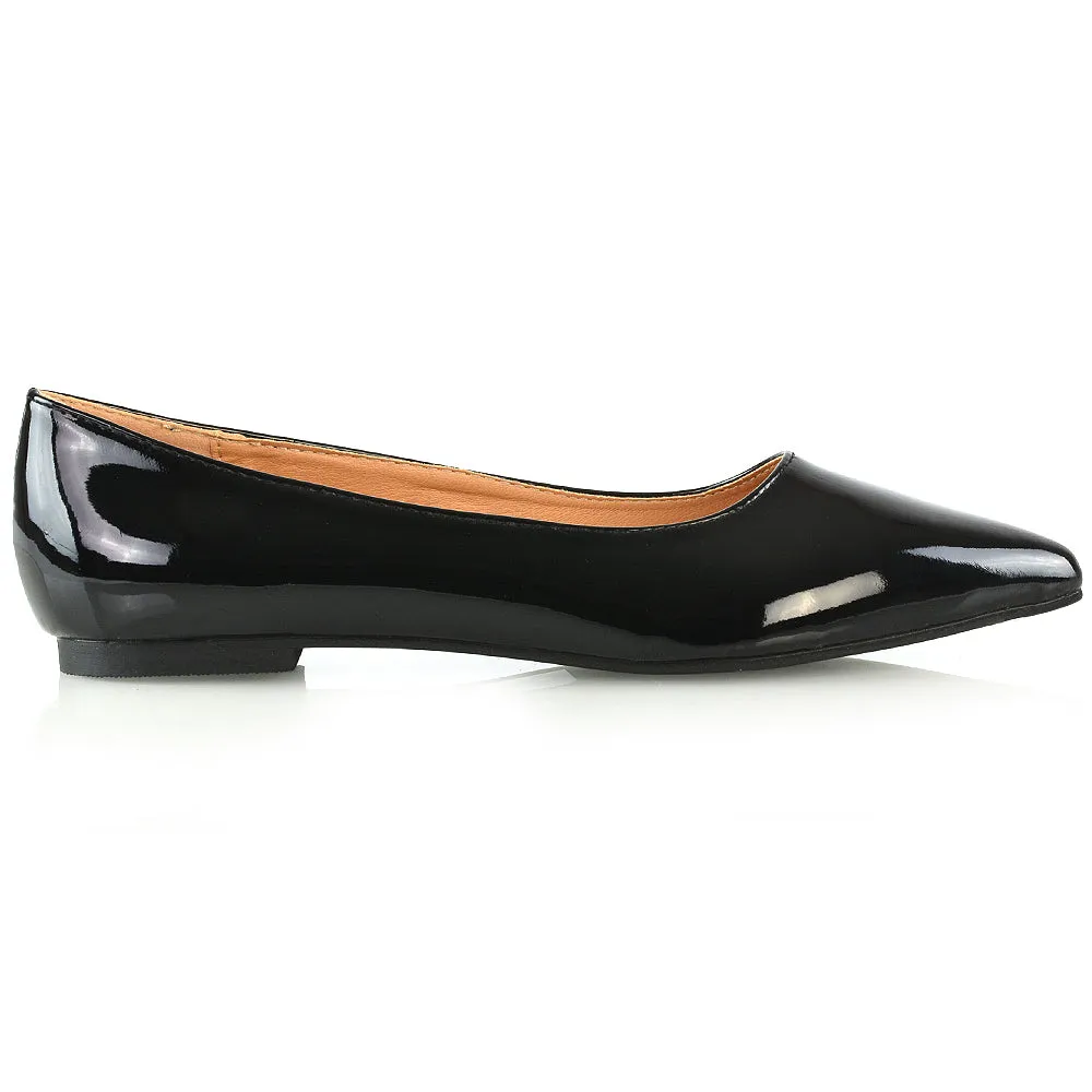 Cordelia Pointed Toe Flat Heel Ballerina Pump Shoes in Navy Patent