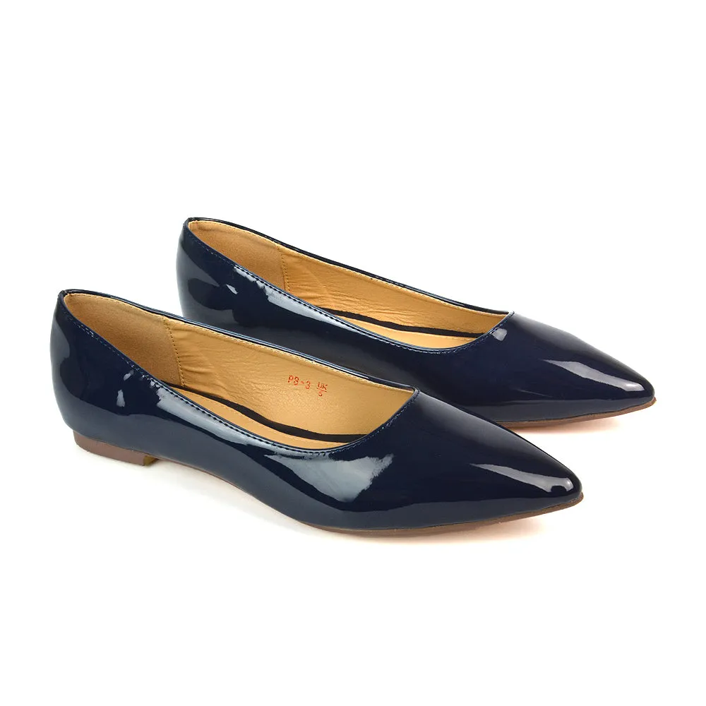 Cordelia Pointed Toe Flat Heel Ballerina Pump Shoes in Navy Patent