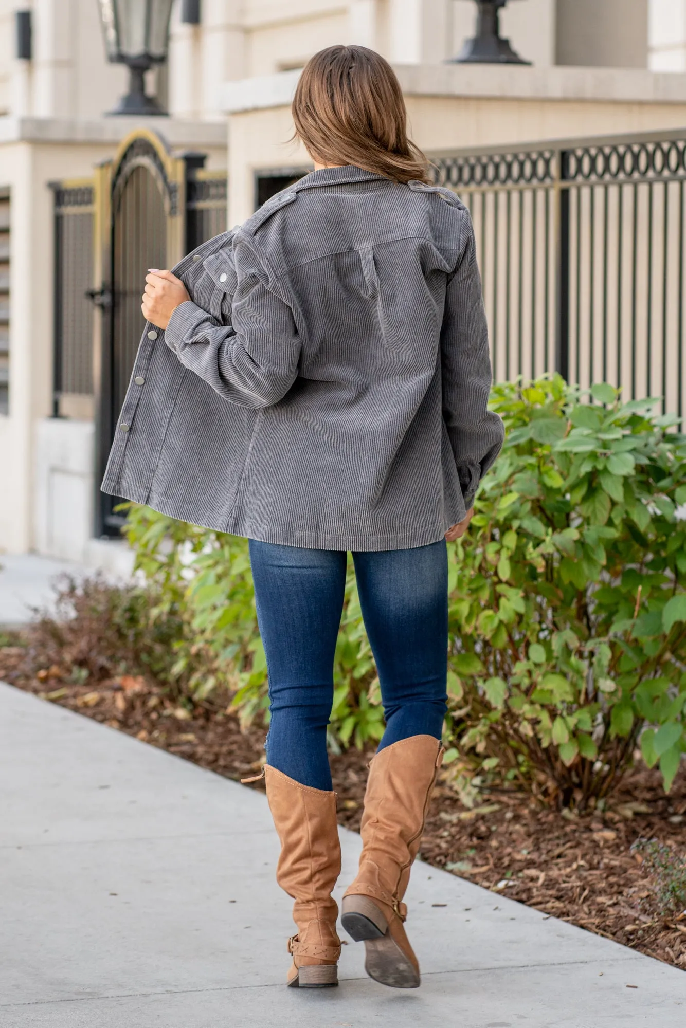 Corduroy Button Down Shacket - Charcoal