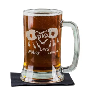 DAD Handprints  Heart 16Oz Personalized Beer Mug Etched with Kids Names Father's Day Gift for Dad Daddy Pop from Son Daugther Father Present