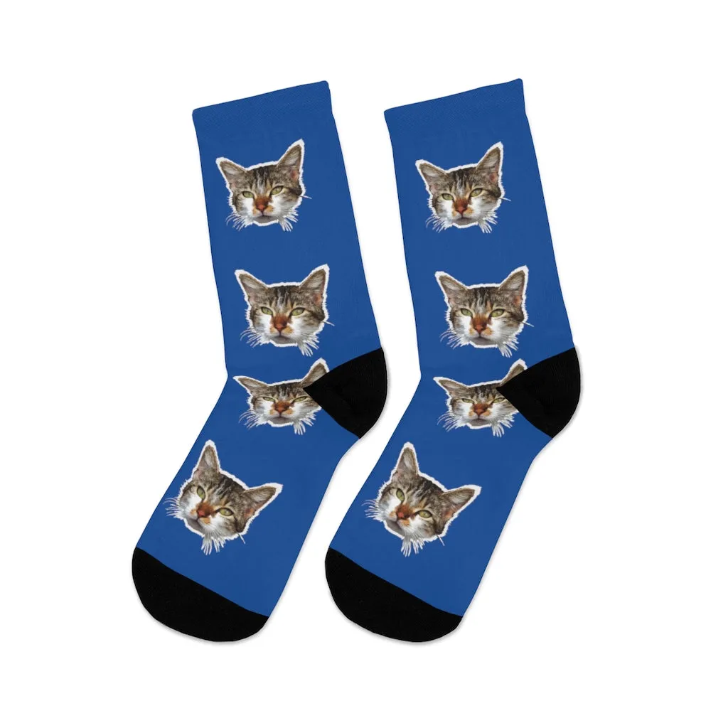 Dark Blue Cat Print Socks, Cute Calico Cat One-Size Knit Premium Socks- Made in USA