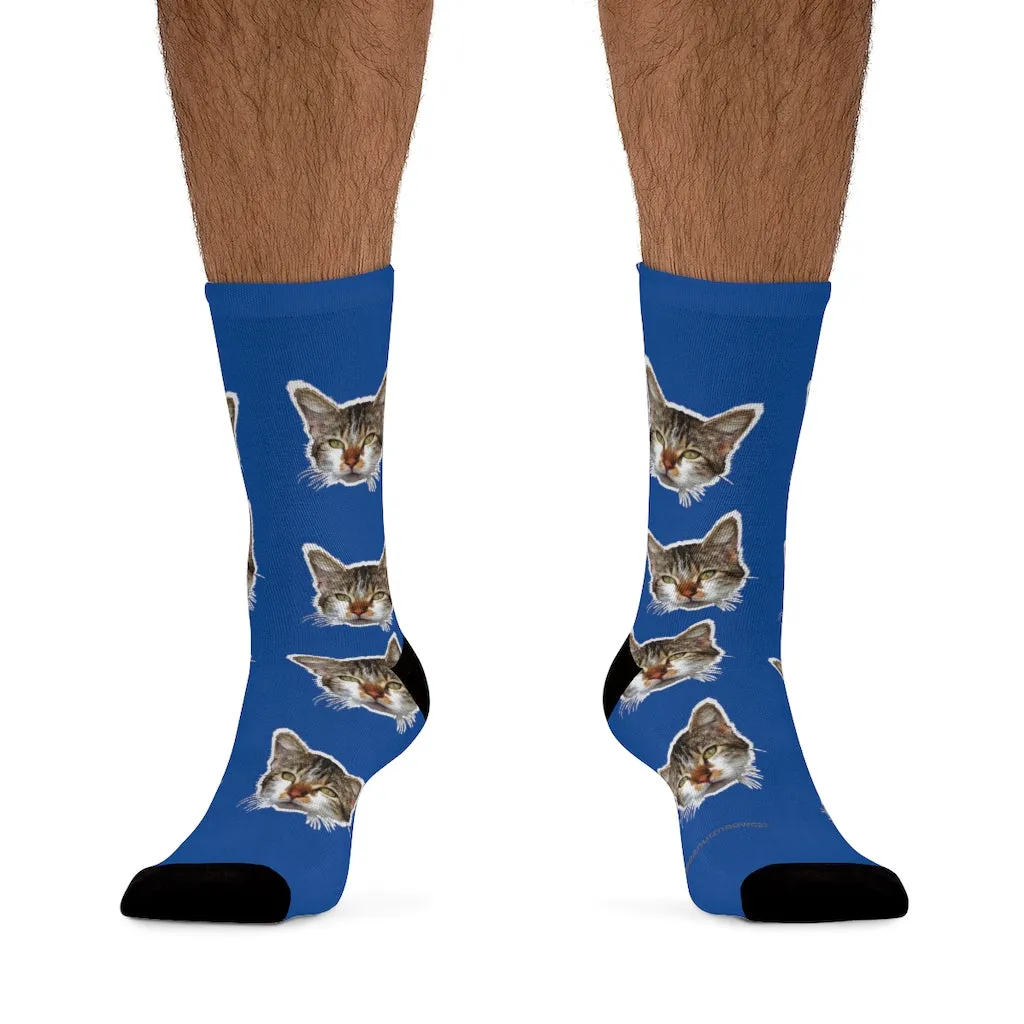 Dark Blue Cat Print Socks, Cute Calico Cat One-Size Knit Premium Socks- Made in USA