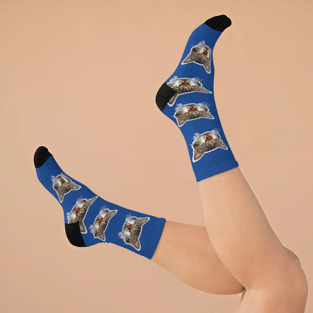 Dark Blue Cat Print Socks, Cute Calico Cat One-Size Knit Premium Socks- Made in USA