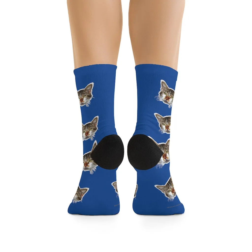 Dark Blue Cat Print Socks, Cute Calico Cat One-Size Knit Premium Socks- Made in USA