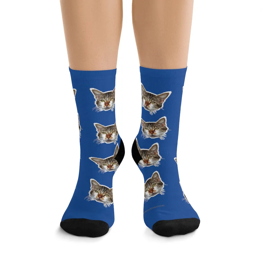 Dark Blue Cat Print Socks, Cute Calico Cat One-Size Knit Premium Socks- Made in USA