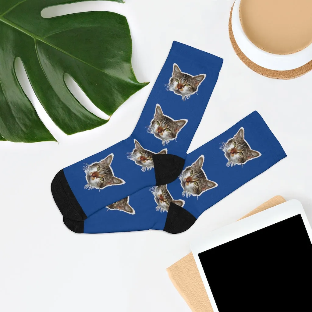 Dark Blue Cat Print Socks, Cute Calico Cat One-Size Knit Premium Socks- Made in USA