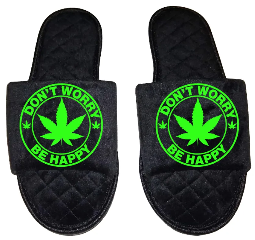 Don't worry be Happy Medical Marijuana mmj medicinal weed 4:20 mary Jane Women's open toe Slippers House Shoes slides mom sister daughter custom gift