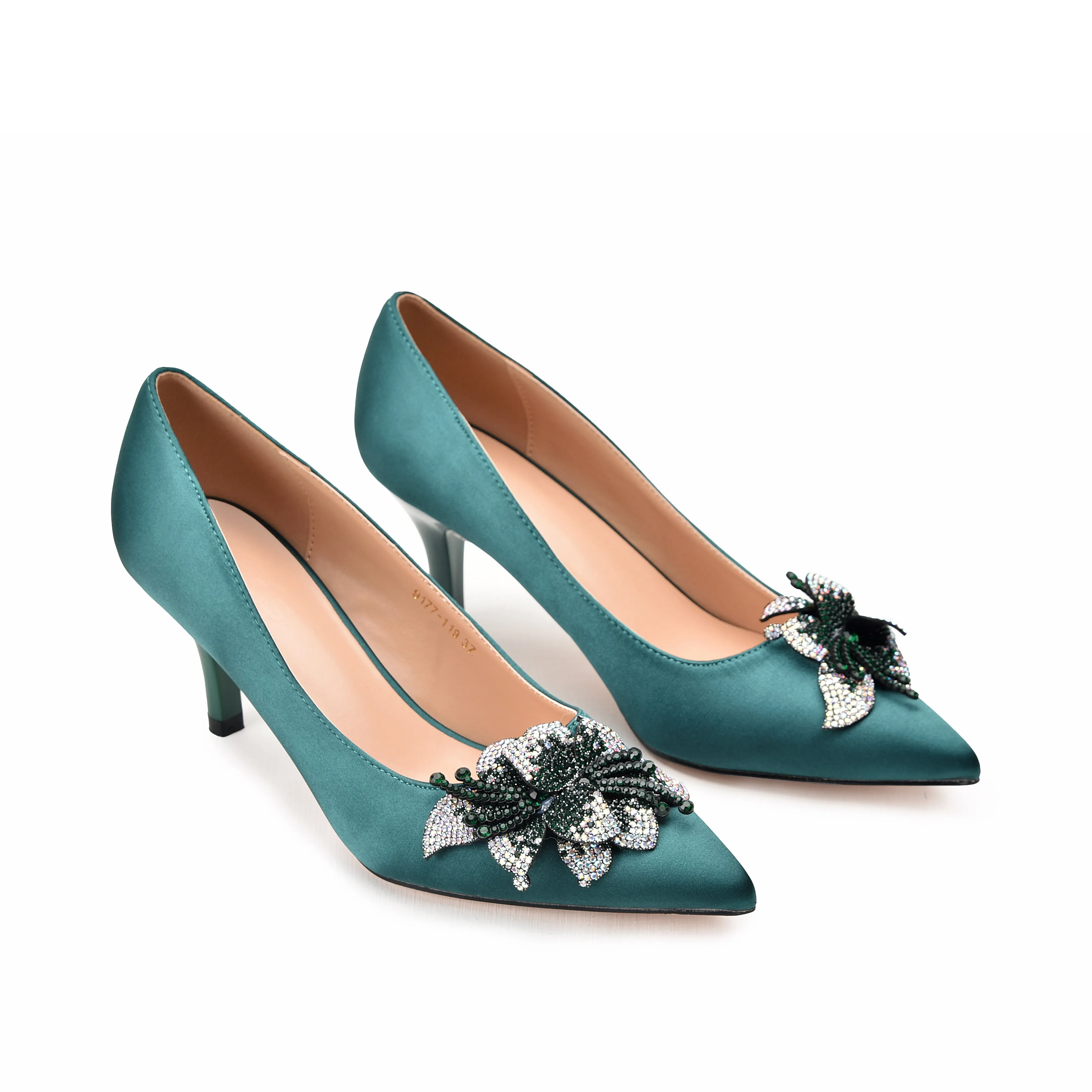 Elegant Teal Kitten Heels with Crystal Embellishment | 476L-K