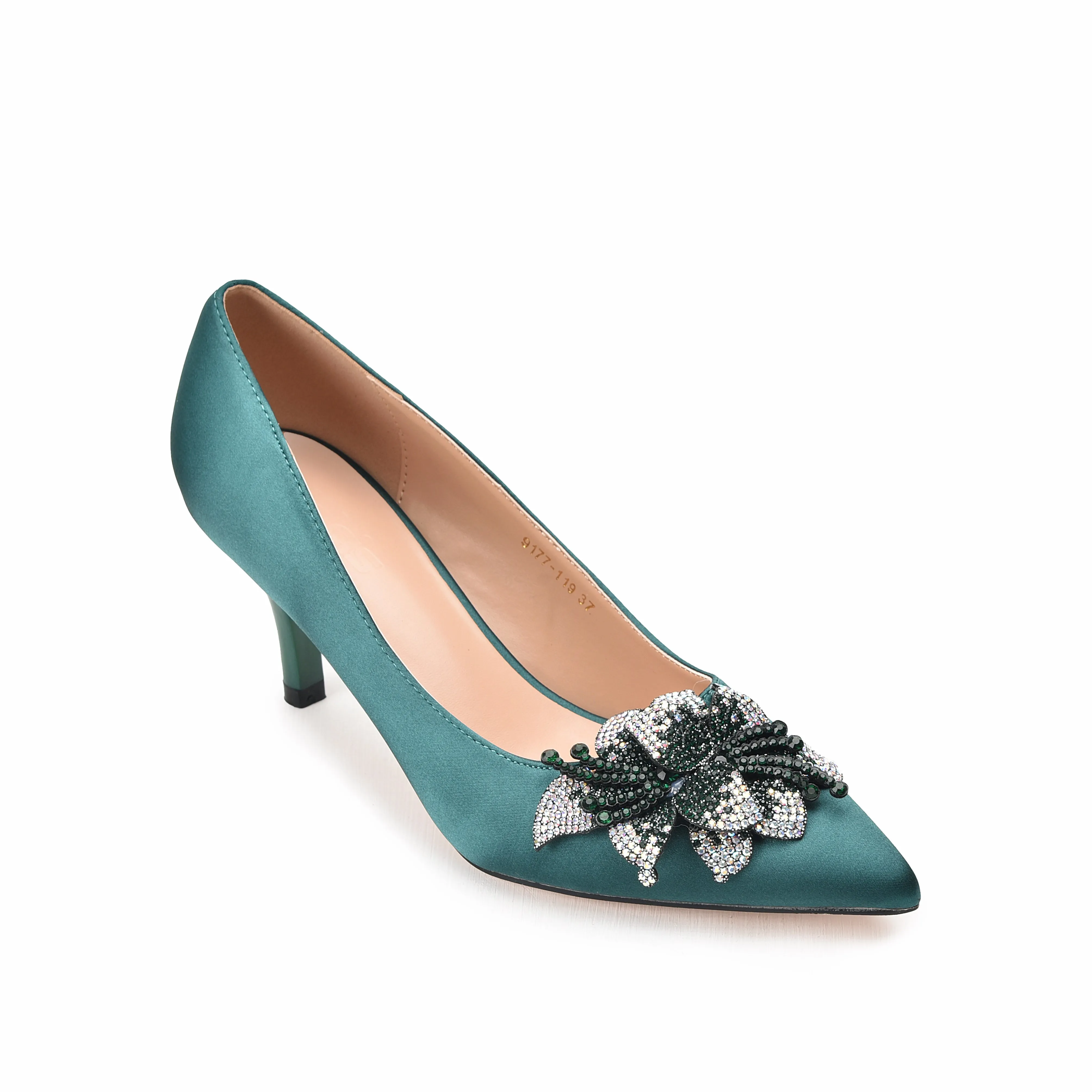 Elegant Teal Kitten Heels with Crystal Embellishment | 476L-K