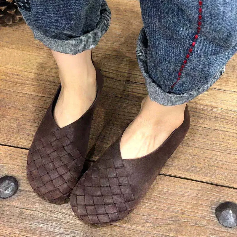 Genuine Leather Retro Round Toe Flat Soft Cowhide Woven Women's Shoes