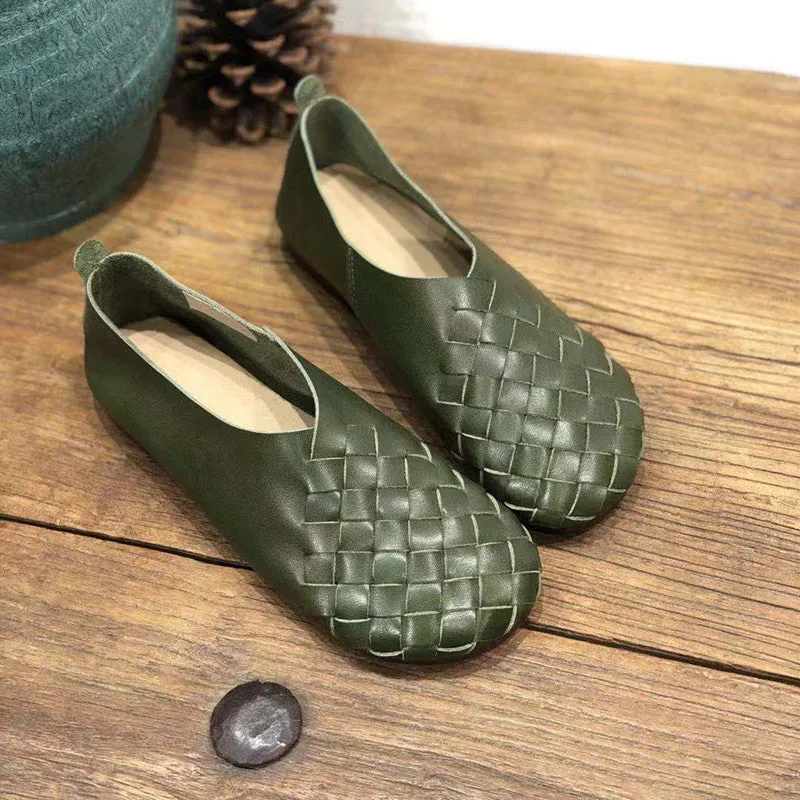 Genuine Leather Retro Round Toe Flat Soft Cowhide Woven Women's Shoes