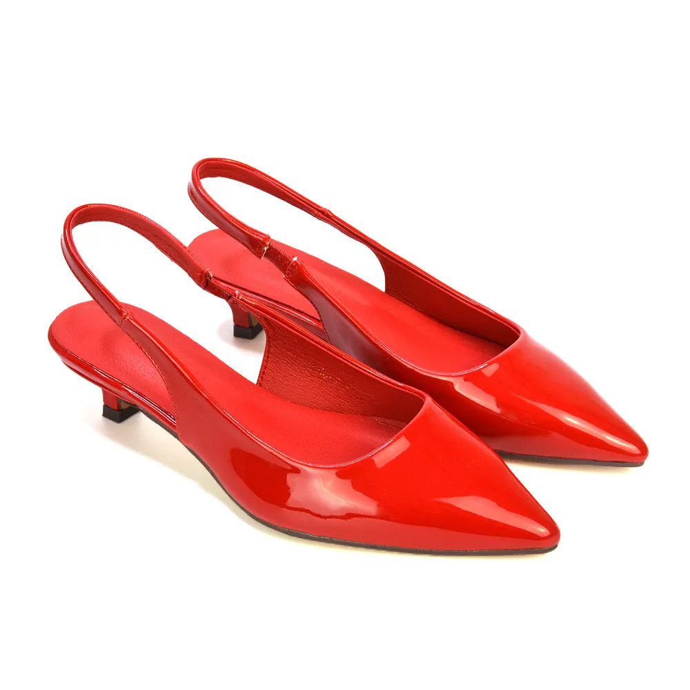 Jenny Pointed Toe Slingback Strappy Kitten Court Heels in Red Patent