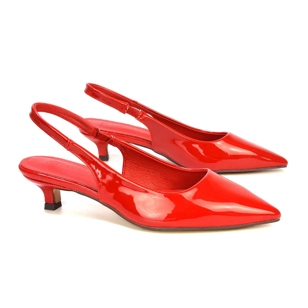 Jenny Pointed Toe Slingback Strappy Kitten Court Heels in Red Patent