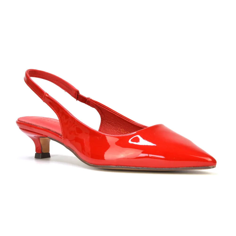 Jenny Pointed Toe Slingback Strappy Kitten Court Heels in Red Patent