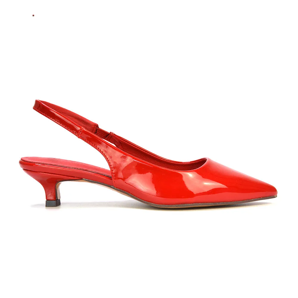 Jenny Pointed Toe Slingback Strappy Kitten Court Heels in Red Patent