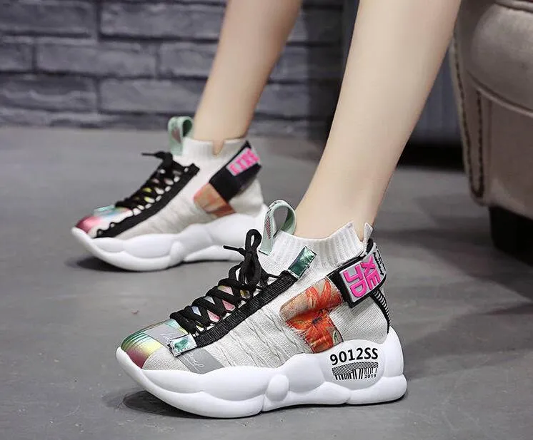 Joskaa Women Chunky Sneakers Platform 7Cm Thick Sole Ladies Casual Breathable Shoes Woman Web Celebrity Dad Female Fashion Sneakers W07