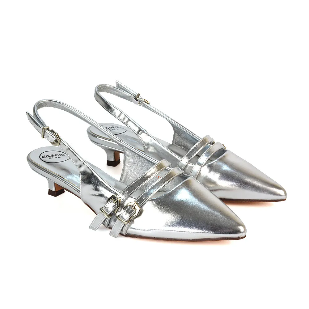 Kaden Kitten Heel Slingback Pointed Toe Buckle Strappy Court Heels in Silver Metallic