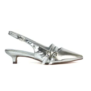 Kaden Kitten Heel Slingback Pointed Toe Buckle Strappy Court Heels in Silver Metallic