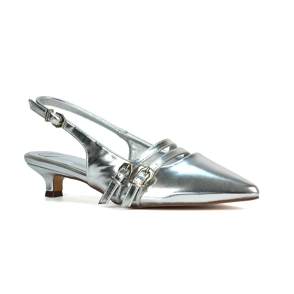 Kaden Kitten Heel Slingback Pointed Toe Buckle Strappy Court Heels in Silver Metallic