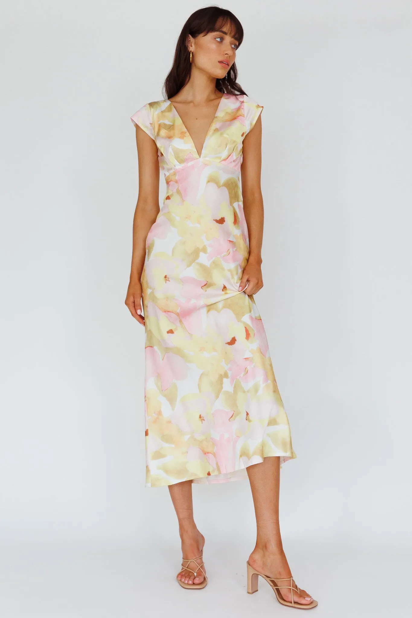 Lucinda Cap Sleeve Twist Back Midi Dress Flower Pink