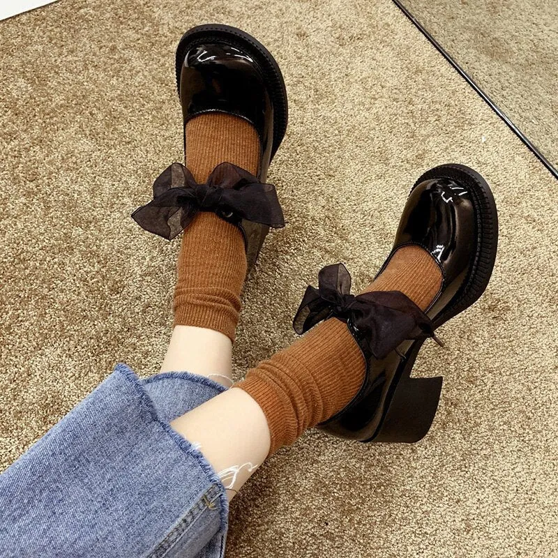 Lucyever Lovely Bowtie Mary Janes Shoes Woman Patent Leather Thick Square Heels Pumps Women Autumn  Big Toe Y2K Lolita Shoes