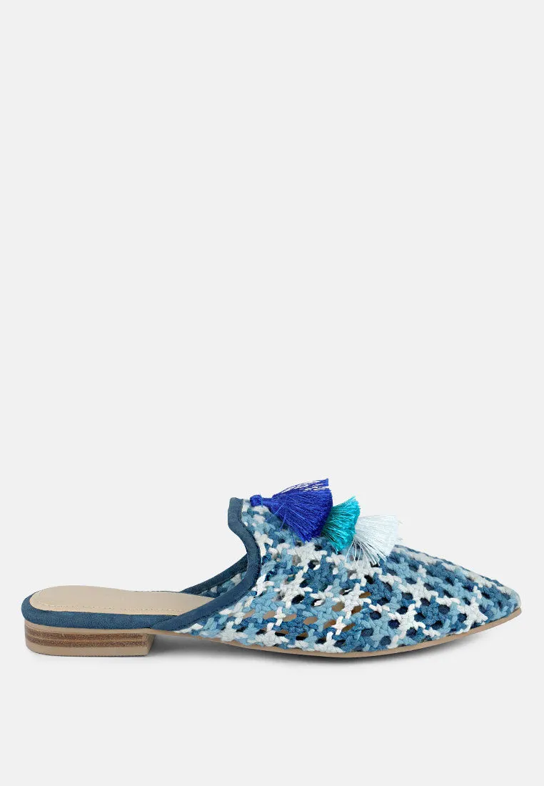 MARIANA Blue Woven Flat Mules With Tassels