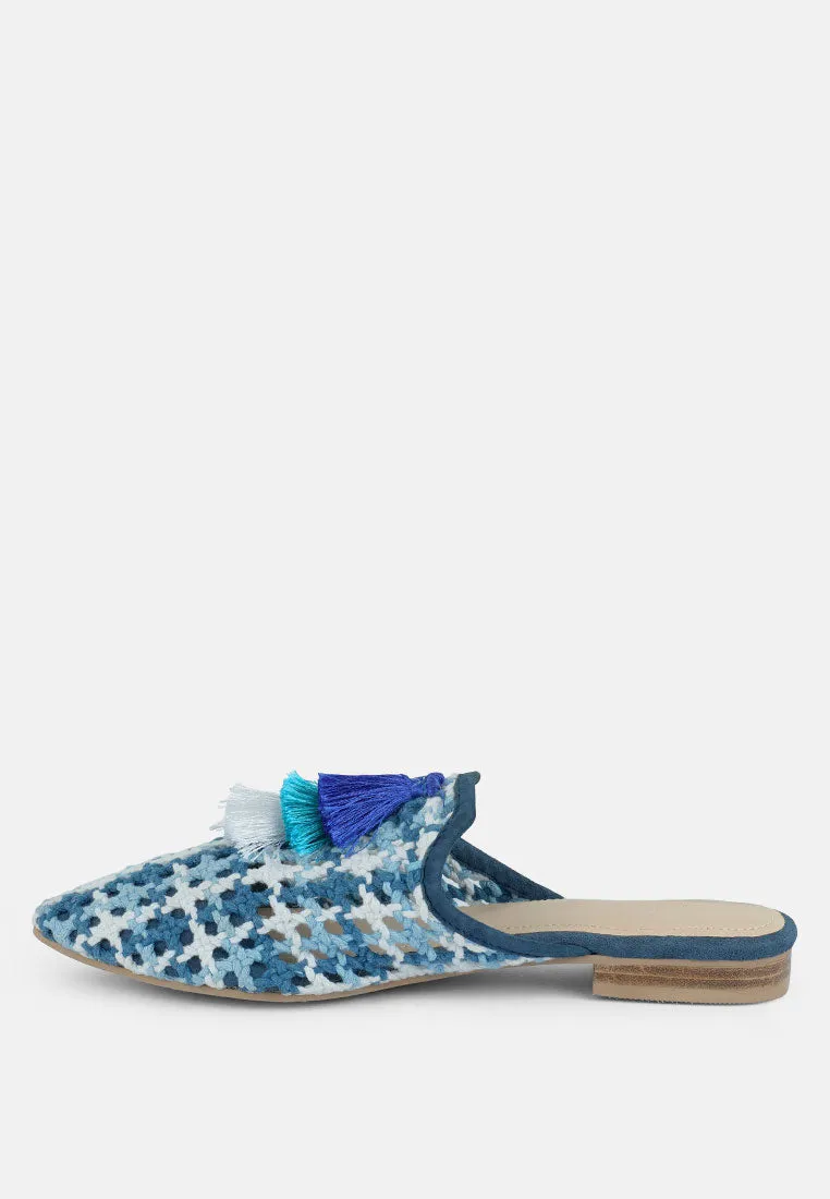 MARIANA Blue Woven Flat Mules With Tassels