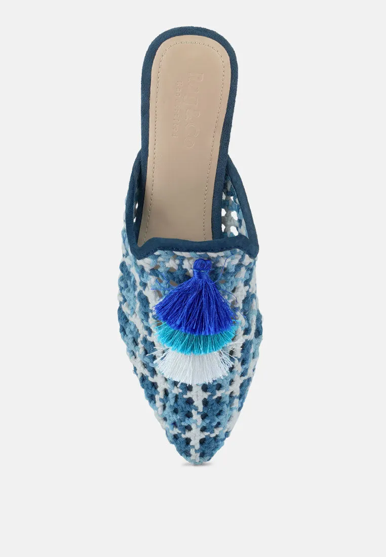 MARIANA Blue Woven Flat Mules With Tassels