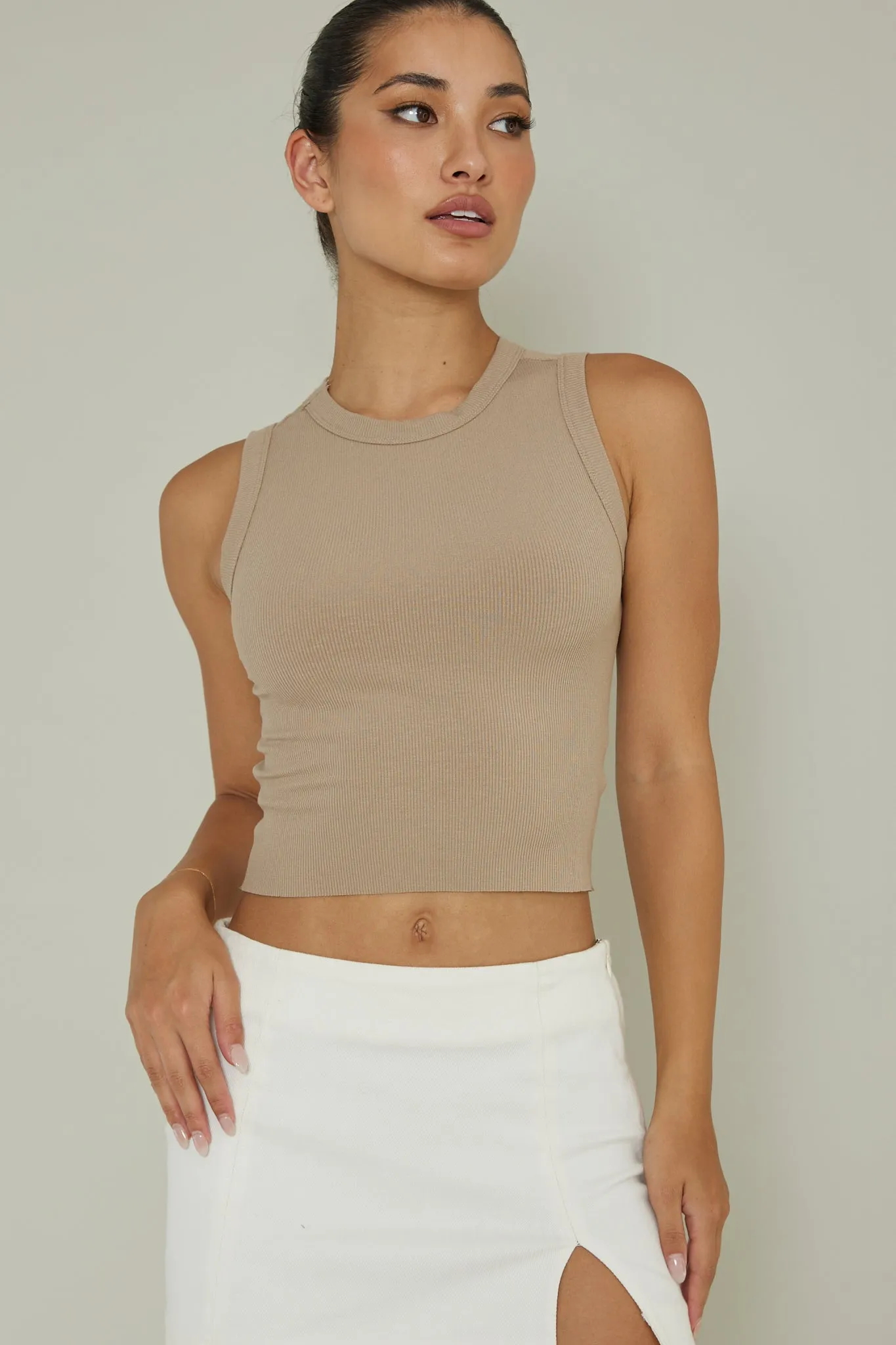 Mayra Crew Neck Crop Top Tan