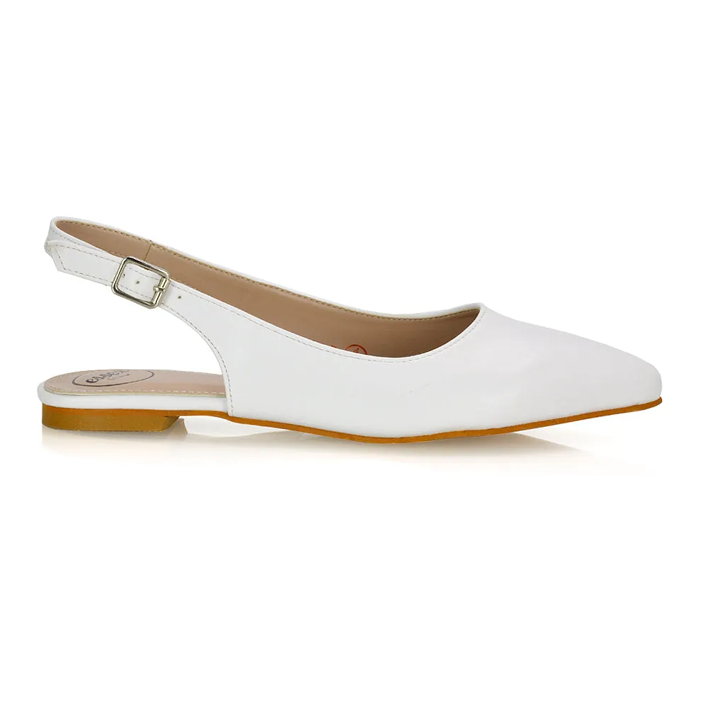 Mindy Pointed Toe Slingback Flat Ballerina Pumps in White Synthetic Leather